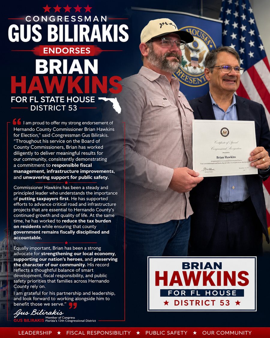 U.S. Congressman Gus Bilirakis endorses Brian Hawkins for Florida House District 53